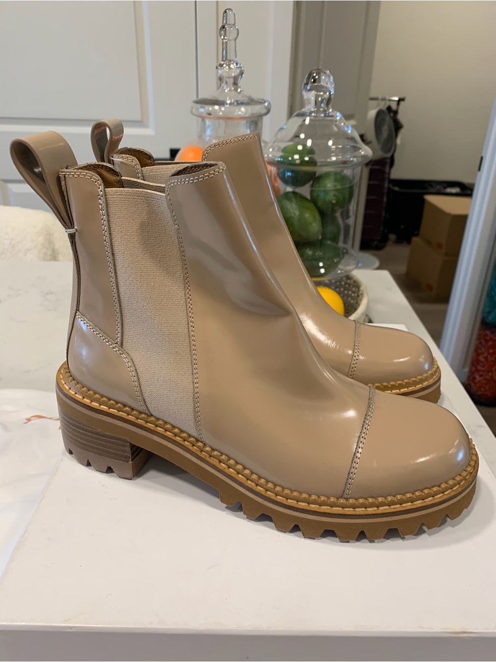 See By Chloe Taupe Glossy Chelsea Lug Ankle Boots